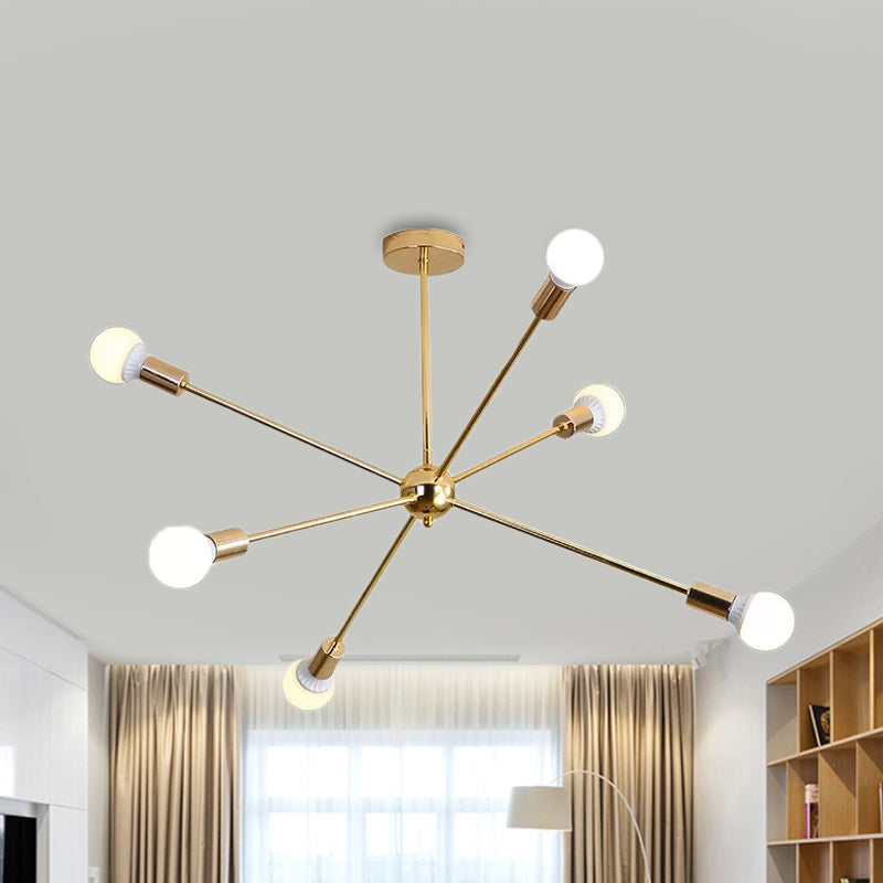 Modernist Metal Starburst Chandelier Light - 26"/38.5" Wide, Gold, 6/10/12 Lights - Hanging Ceiling Lamp with Bare Bulbs