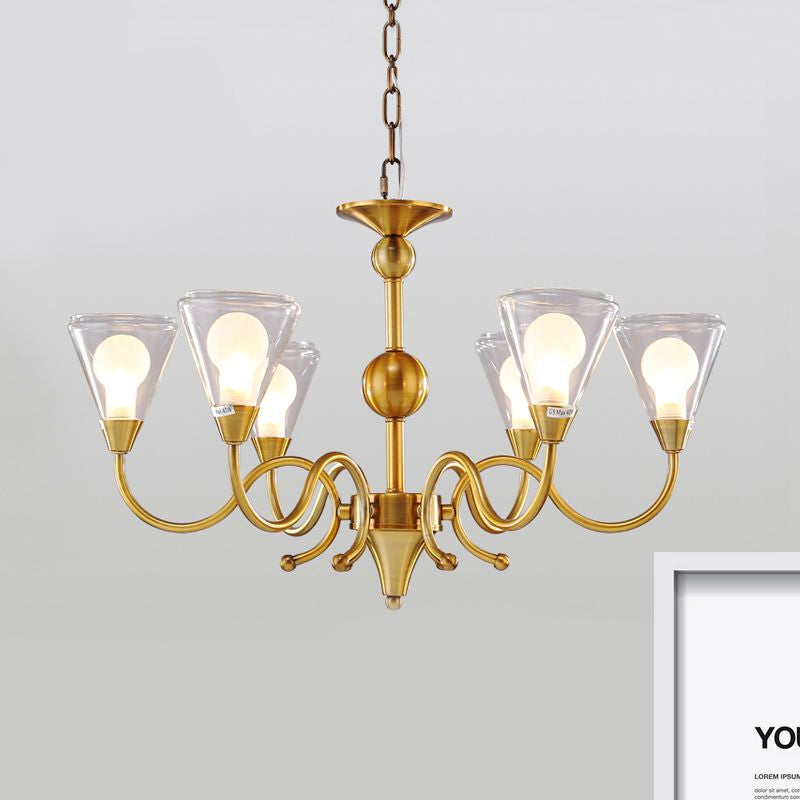 Clear Glass Led Brass Chandelier Pendant Lamp - Post-Modern Cone Design With Multi Lights And Curved