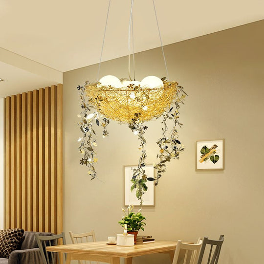 Nest Metal Chandelier Art Deco Ceiling Light With 4 Silver/Gold Lights And Milk Glass Globe Shade