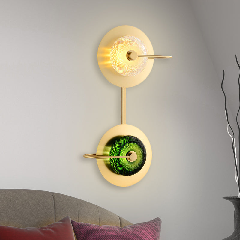 Modern Brass Led Glass Doughnut Wall Lamp With Clear And Green Lattice Pattern Disk Detail