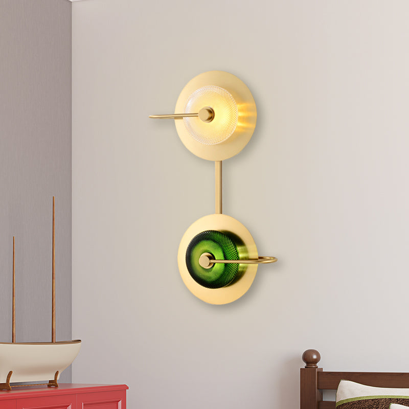 Modern Brass Led Glass Doughnut Wall Lamp With Clear And Green Lattice Pattern Disk Detail
