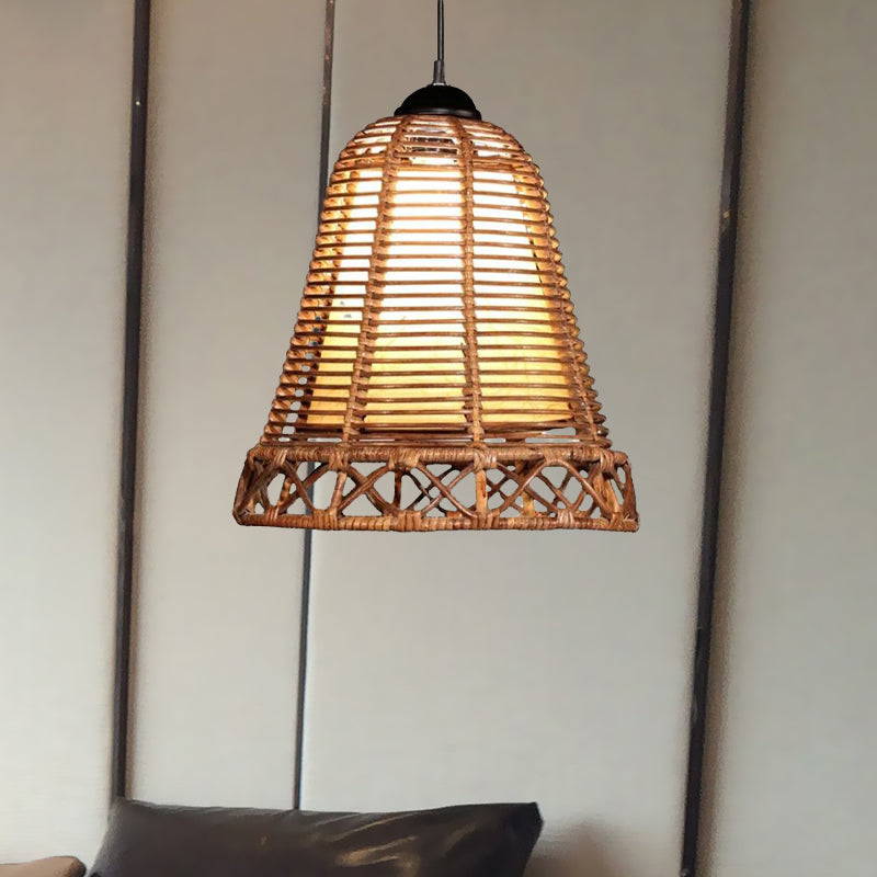 Rustic Rattan Bell-Shaped Hanging Light: Beige 1-Head Drop Light For Living Room & Restaurant