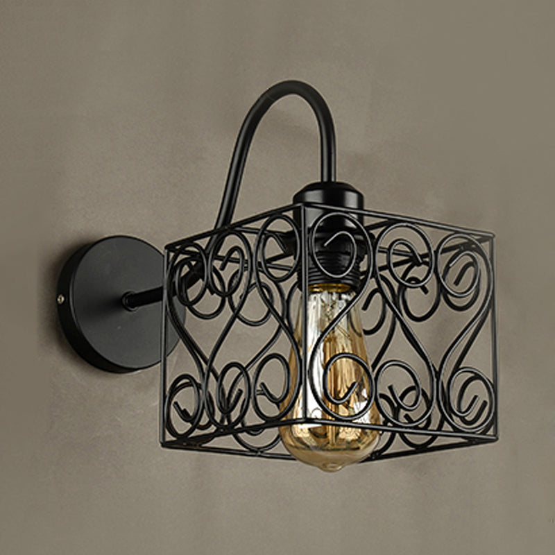 Vintage Industrial Metal Cage Wall Sconce - Square/Diamond Design Black Finish