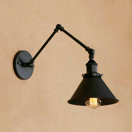 Industrial Metal Swing Arm Wall Sconce With Tapered Shade In Black - Perfect For Study Room