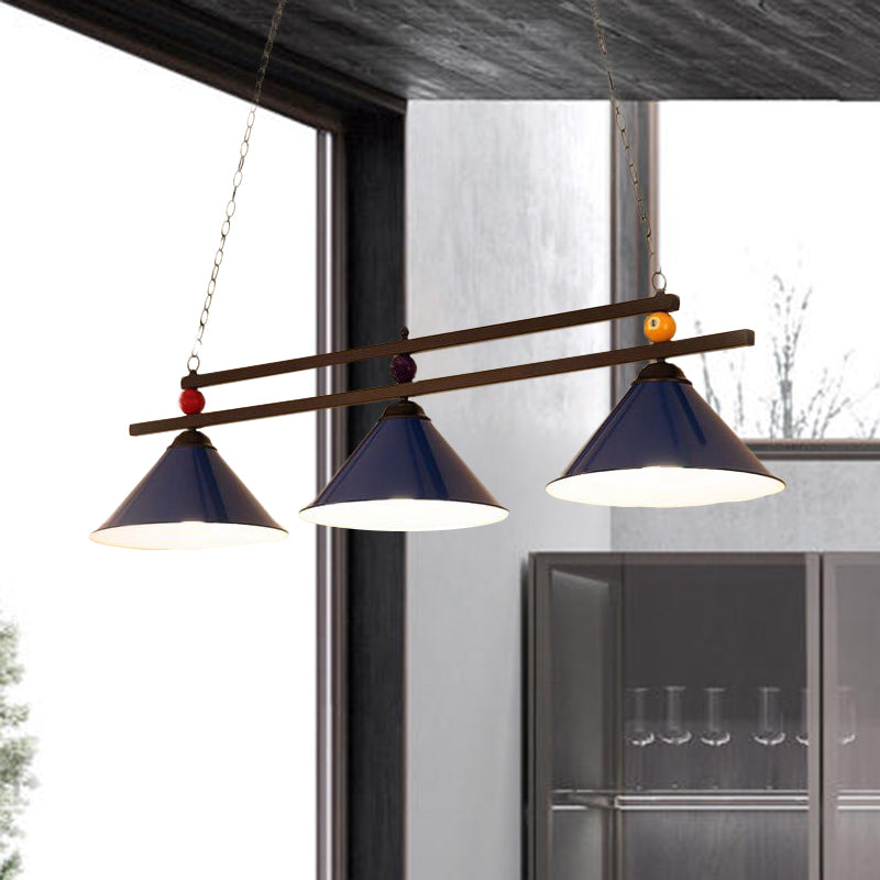 Black/Red Industrial Cone Shade Ceiling Pendant With 3 Metal Heads And Billiard Ball Deco