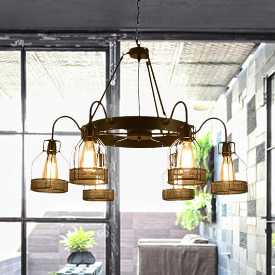 6/8-Headed Farmhouse Black Metal Chandelier With Cage Frame - Bell Hanging Lamp Light Fixture