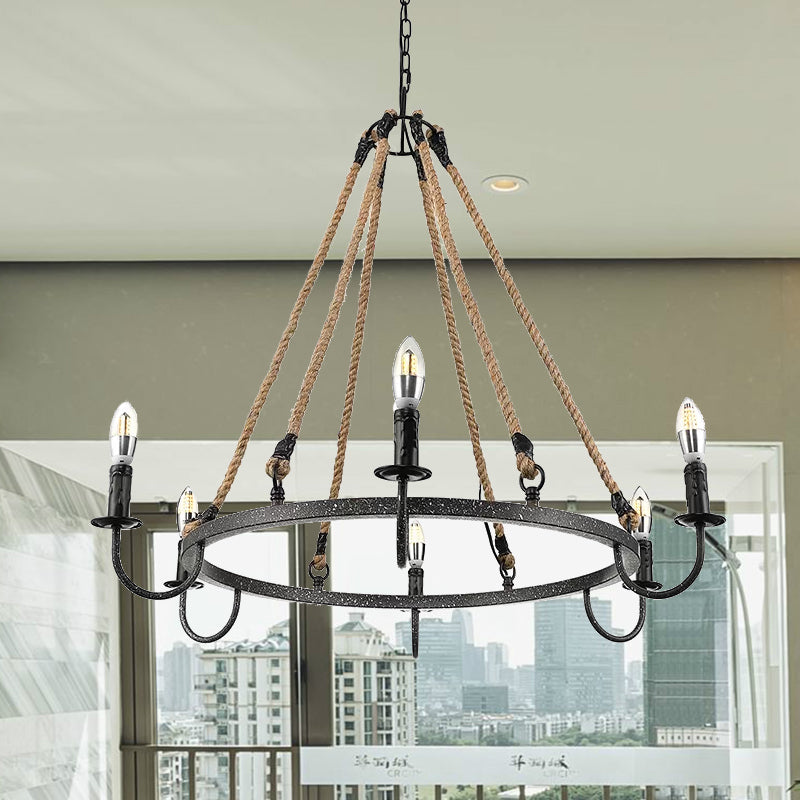 Rustic 6-Head Metal & Rope Ceiling Chandelier For Restaurants - Vintage Candle Lamp With Open Bulbs