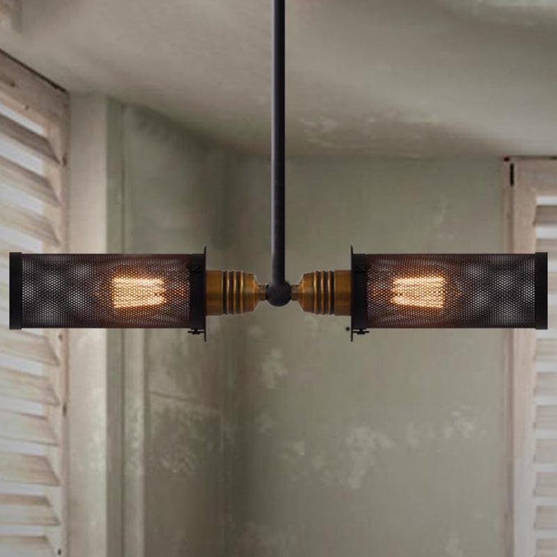 Vintage Black Cylinder Chandelier Lamp: Mesh Shade, Iron Frame, 2-Light Pendant