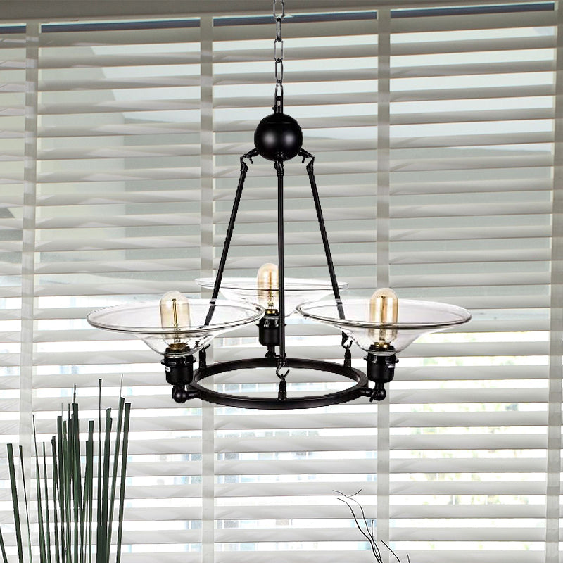 Antique Black Chandelier - 3-Light Clear Glass Cone Pendant Lamp for Living Room