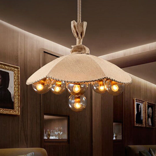 Beige Scalloped Pendant Light: Lodge Chandelier with 6 Fabric Heads & Glass Ball Shade