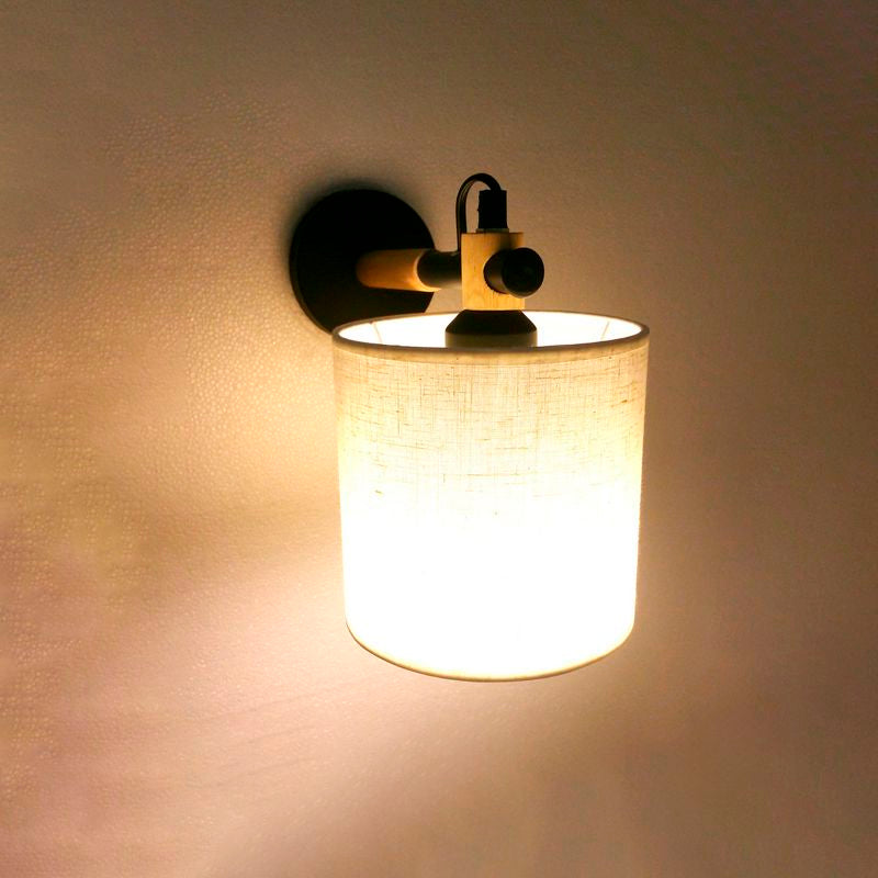 Modernist Fabric Cylindrical Sconce Wall Light With Wooden Joint - 1 Bedroom Fixture Black/White