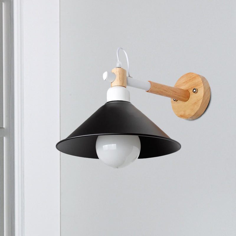 Nordic Style Conic Wall Sconce With Wooden Backplate And Black Metallic Finish
