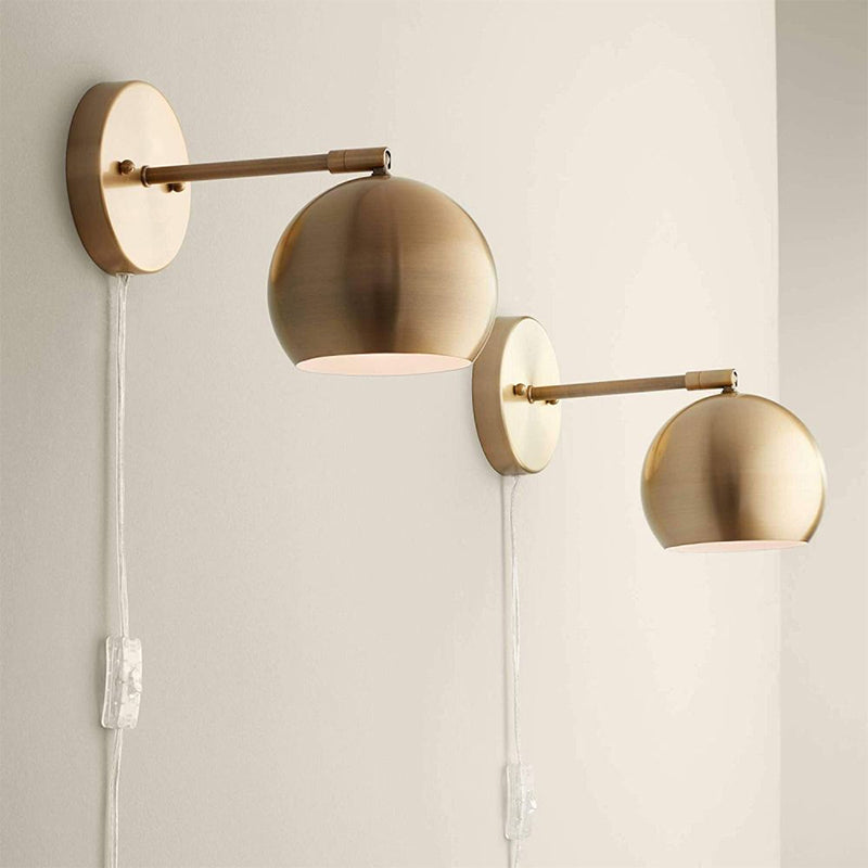 One Bulb Metal Industrial Wall Light With Round Shade In Brass - Ideal For Living Room Sconce