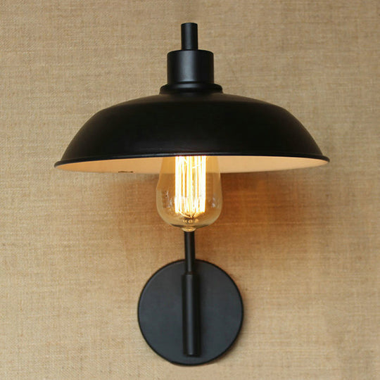 Antique Style 1-Light Barn Wall Sconce In Black/Rust Metallic Curved Arm For Hallway