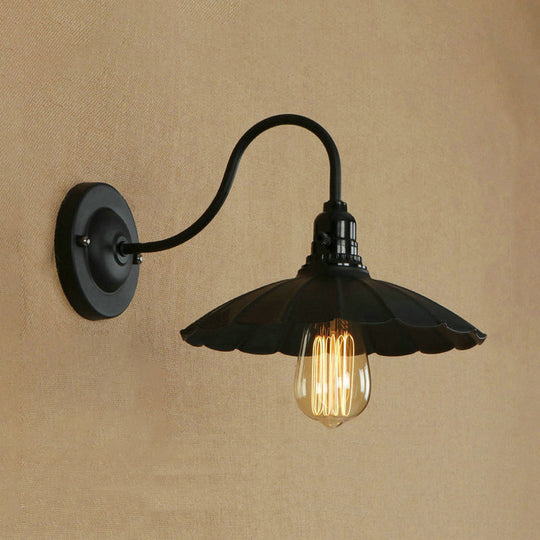 Industrial Metal Gooseneck Wall Sconce With Scalloped Shade And 1 Bulb In Black 10/13 Diameter