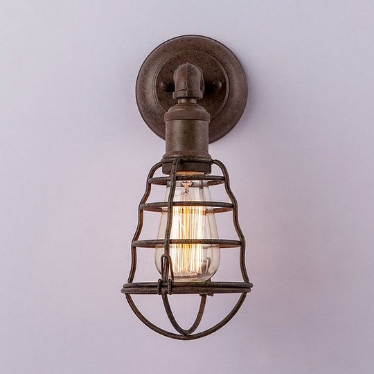 Farmhouse Rust Finish Mini Wall Lamp With Cage Shade - Antique Style Iron 1-Light Mount Lighting