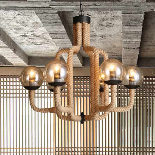 Caged Vintage Pendant Light With Glass Ball Shade - 6-Light Brown Rope Restaurant Chandelier