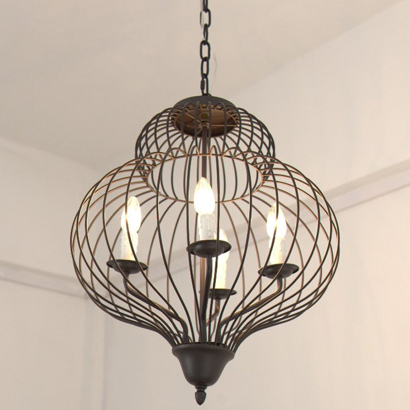 Large Vintage Style Pendant Light With Metal Black Cage Shade And 4 Candle Lights