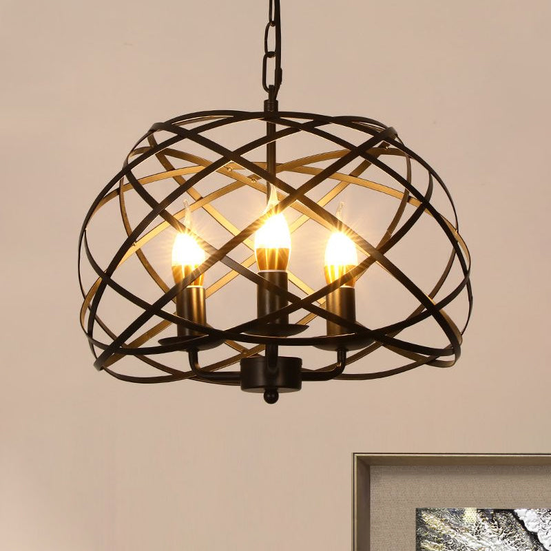 Vintage Open Cage Hanging Chandelier With 3 Candle Lights In Black