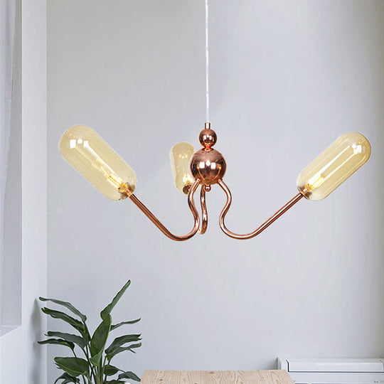 Industrial Copper 3-Light Chandelier with Clear/Amber Glass Globes, Dining Room Pendant Fixture