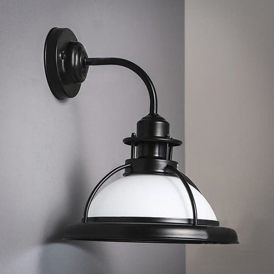 Industrial Single Bulb Glass Wall Mounted Lamp - Dome White/Green Bedroom Sconce Light In Black
