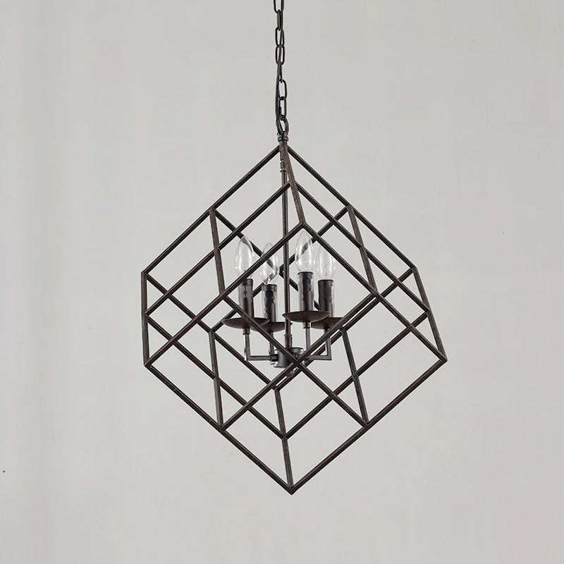 Black Industrial Metal Wire Square Chandelier Light - 4 Lights for Restaurant Ceiling