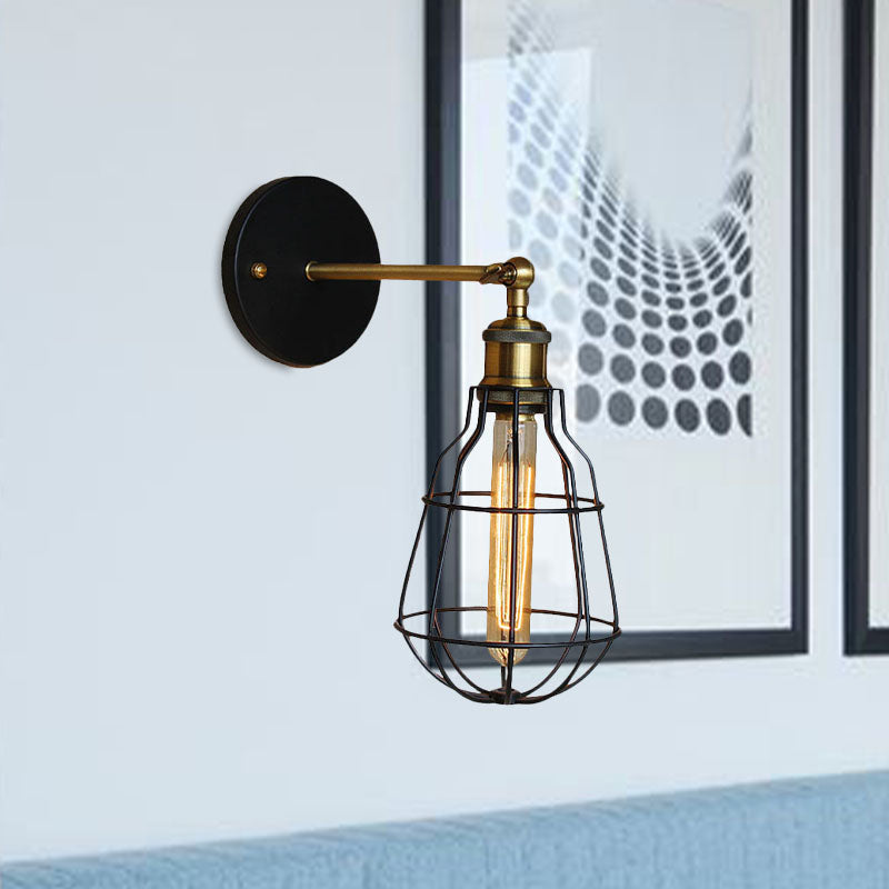 Industrial Black Metal Mini Wall Light Fixture For Bedroom - Cylinder/Teardrop Caged Mount Lighting
