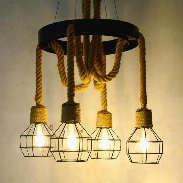 Dome Cage Retro Style Ceiling Pendant Light - 4/6 Bulbs, Brown Rope and Metal Chandelier for Hallway