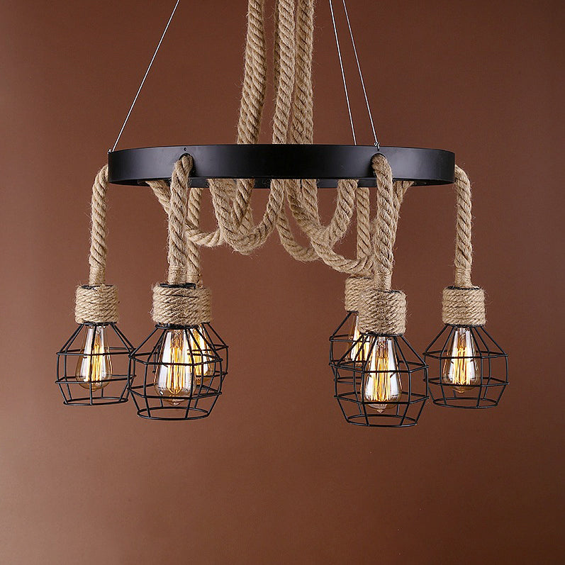 Dome Cage Retro Style Ceiling Pendant Light - 4/6 Bulbs, Brown Rope and Metal Chandelier for Hallway