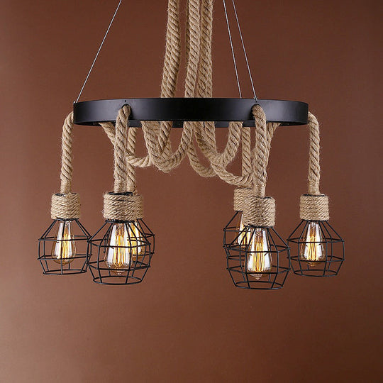 Retro Style Dome Cage Chandelier With Brown Rope And Metal Finish - Perfect For Hallway