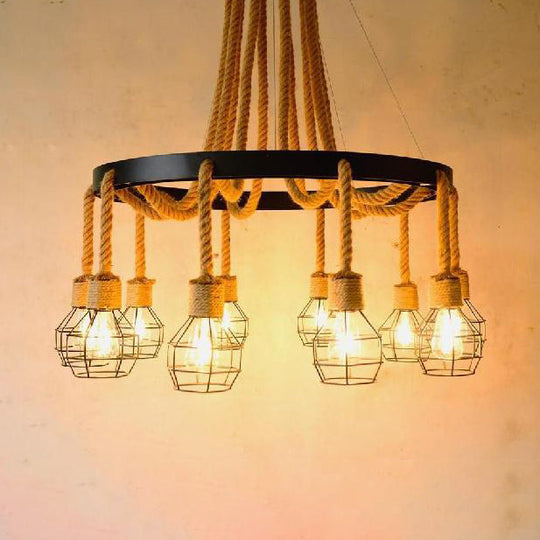 Retro Style Dome Cage Chandelier With Brown Rope And Metal Finish - Perfect For Hallway 10 /