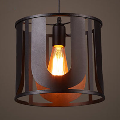 Black Finish Drum Pendant Light - Antique Metallic Single Bulb Lamp For Kitchen / U
