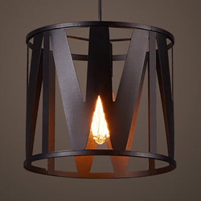Black Finish Drum Pendant Light - Antique Metallic Single Bulb Lamp For Kitchen