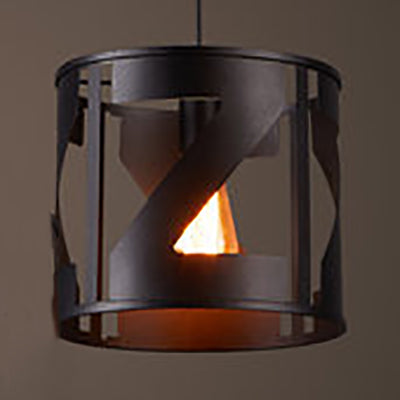 Black Finish Drum Pendant Light - Antique Metallic Single Bulb Lamp For Kitchen / Z