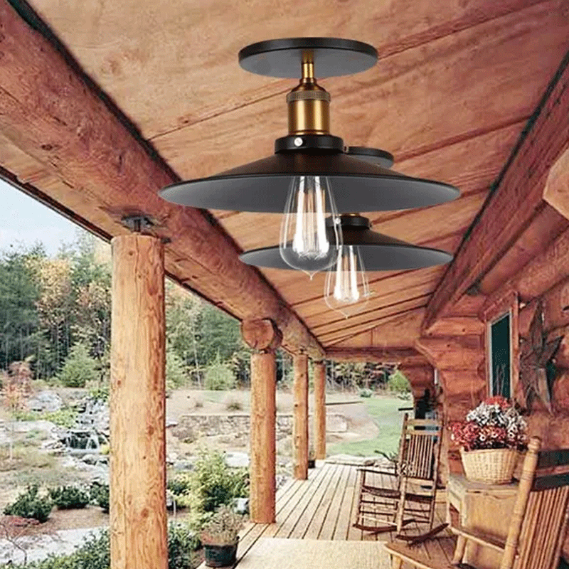 Iron Saucer Farmhouse Ceiling Mount Lamp - 1-Bulb Semi Flush Light Fixture In Black 8.5/10/12 Width