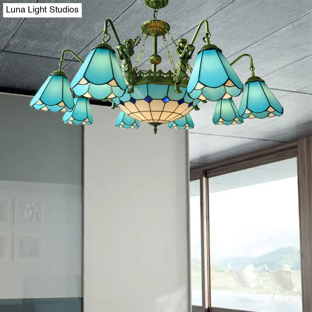 7/9-Light Living Room Chandelier Tiffany Bronze Pendant Fixture Cone Yellow/Blue Glass Shades 9 /