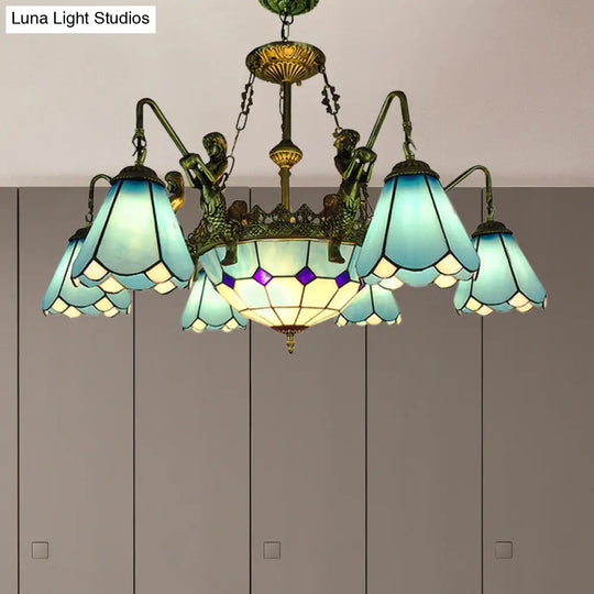 7/9-Light Living Room Chandelier Tiffany Bronze Pendant Fixture Cone Yellow/Blue Glass Shades