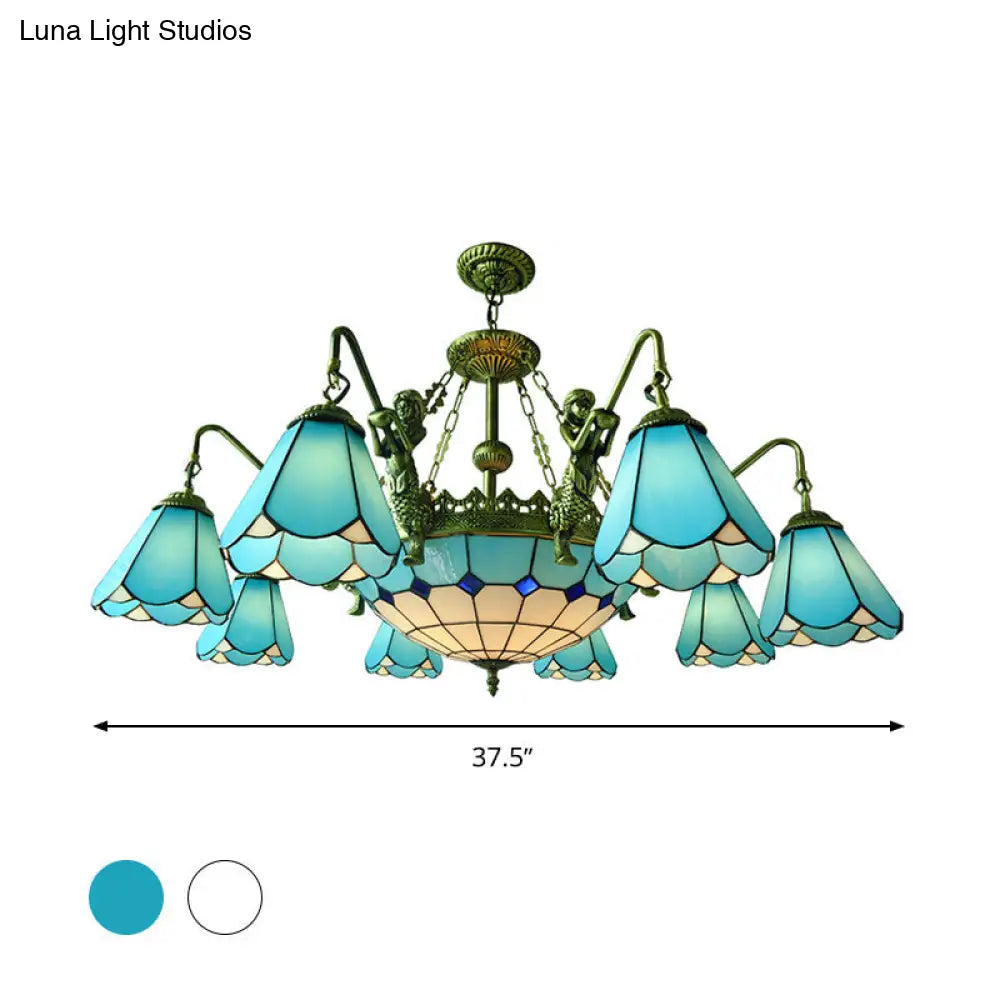 7/9-Light Living Room Chandelier Tiffany Bronze Pendant Fixture Cone Yellow/Blue Glass Shades