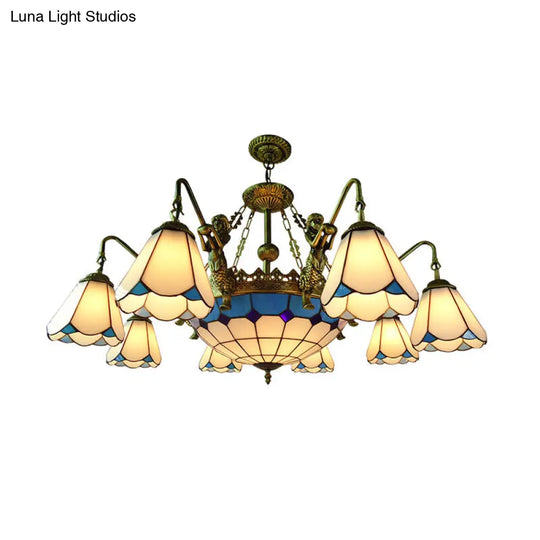 7/9-Light Living Room Chandelier Tiffany Bronze Pendant Fixture Cone Yellow/Blue Glass Shades