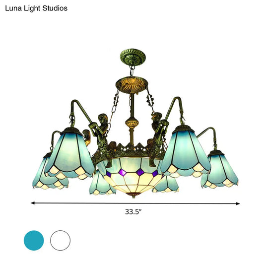 7/9 Light Tiffany Bronze Chandelier With Cone Glass Shades For Living Room