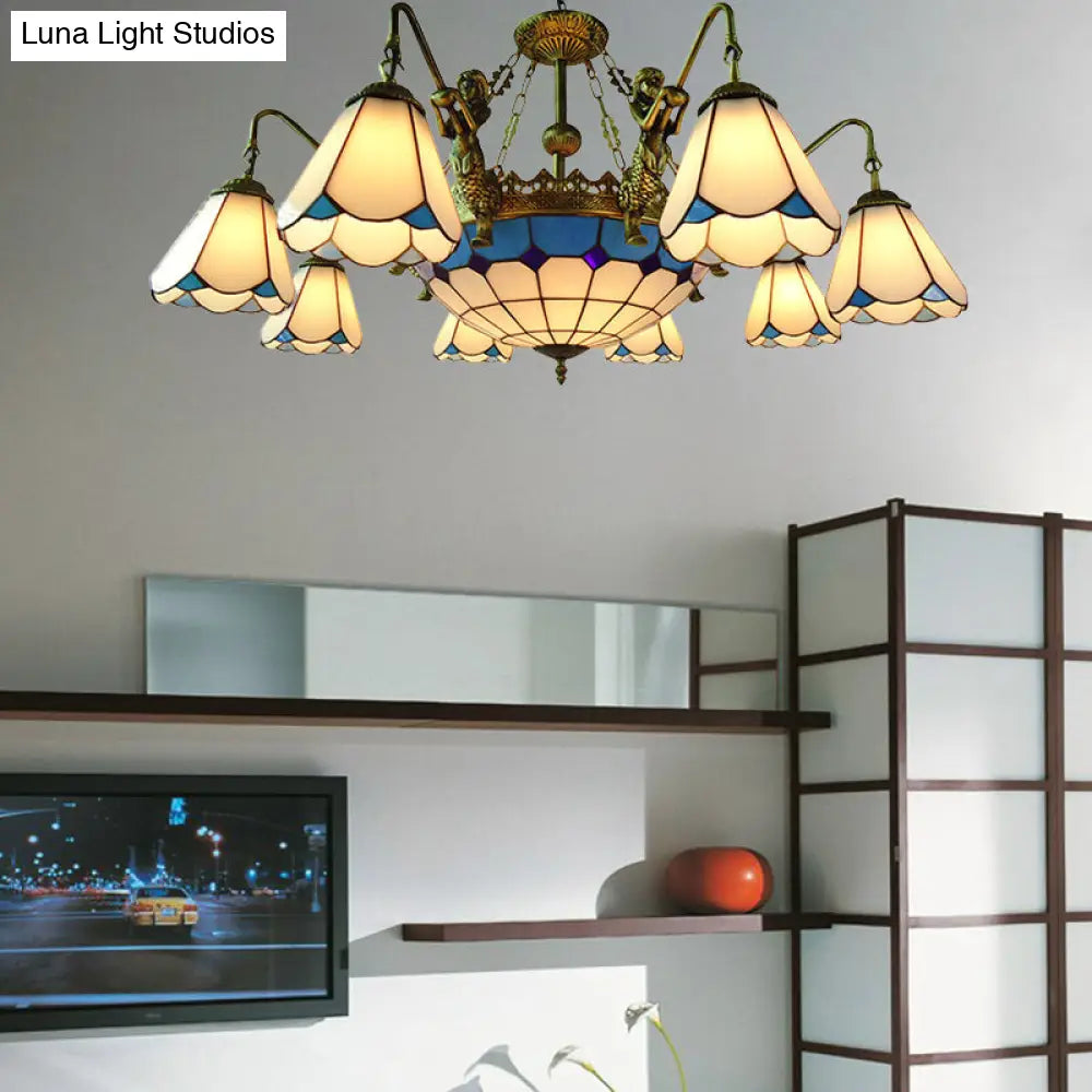 7/9-Light Living Room Chandelier Tiffany Bronze Pendant Fixture Cone Yellow/Blue Glass Shades 9 /