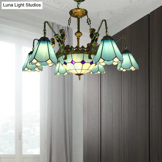 7/9-Light Living Room Chandelier Tiffany Bronze Pendant Fixture Cone Yellow/Blue Glass Shades 7 /