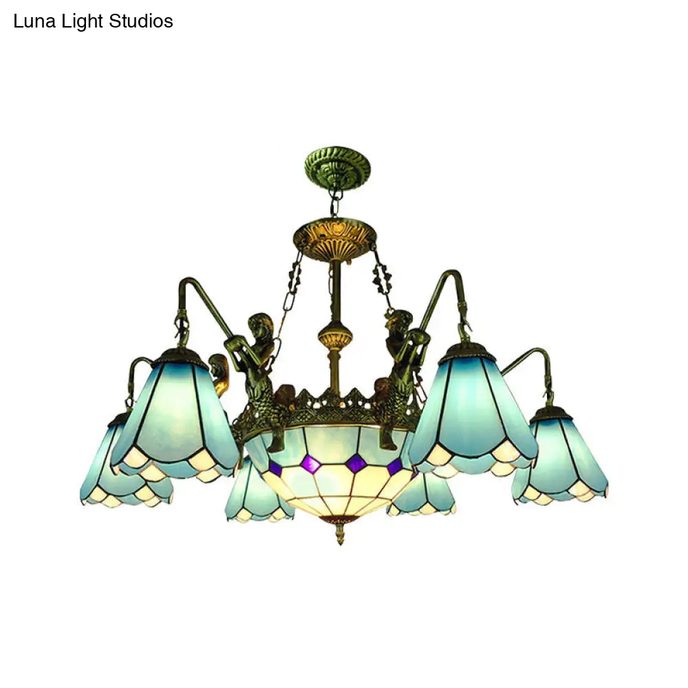 7/9-Light Living Room Chandelier Tiffany Bronze Pendant Fixture Cone Yellow/Blue Glass Shades