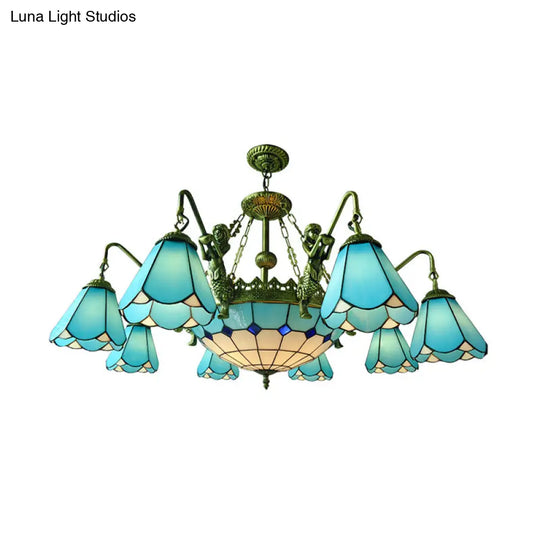 7/9 Light Tiffany Bronze Chandelier With Cone Glass Shades For Living Room