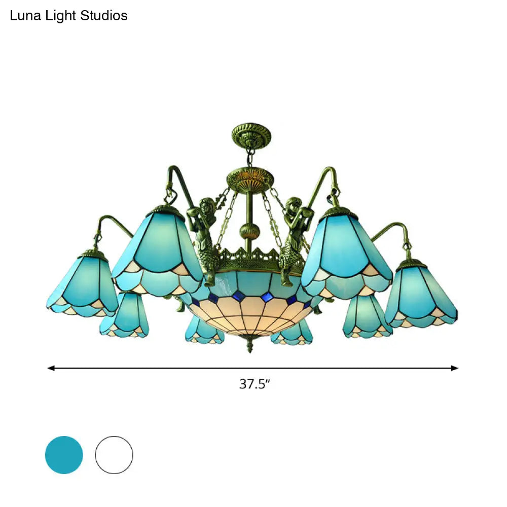 7/9 Light Tiffany Bronze Chandelier With Cone Glass Shades For Living Room