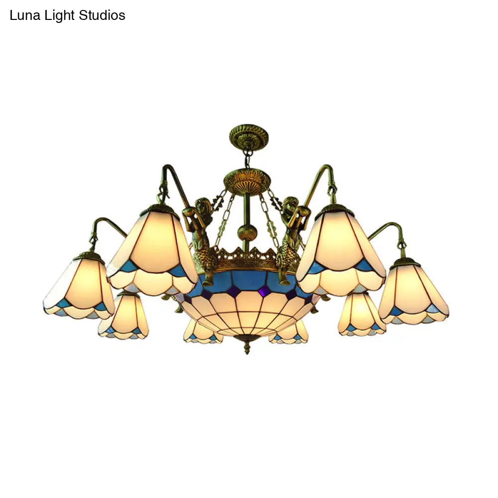 7/9 Light Tiffany Bronze Chandelier With Cone Glass Shades For Living Room