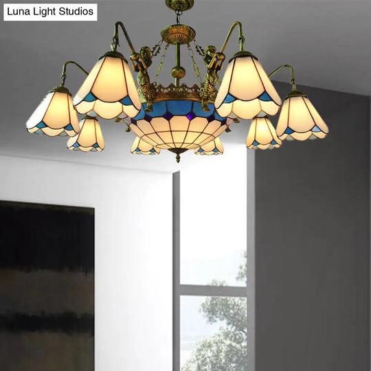 7/9-Light Living Room Chandelier Tiffany Bronze Pendant Fixture Cone Yellow/Blue Glass Shades