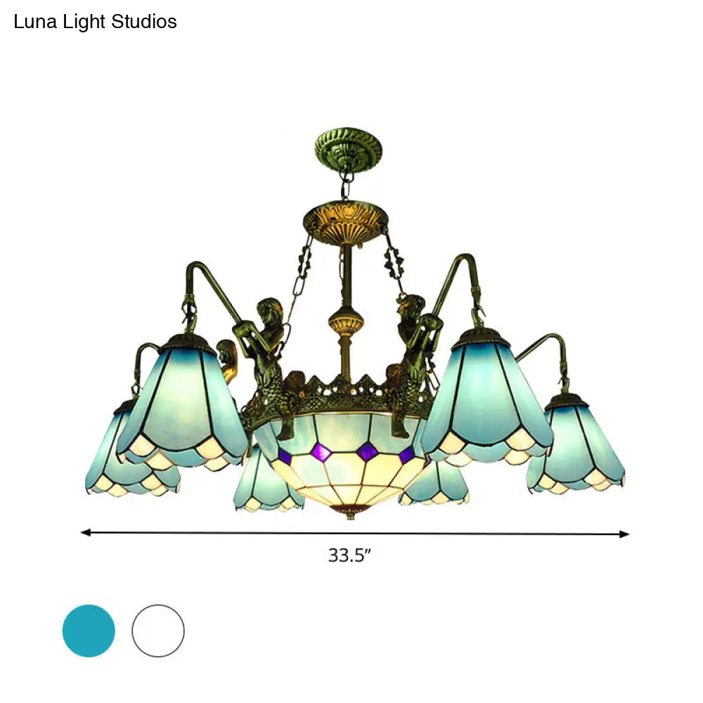 7/9-Light Living Room Chandelier Tiffany Bronze Pendant Fixture Cone Yellow/Blue Glass Shades