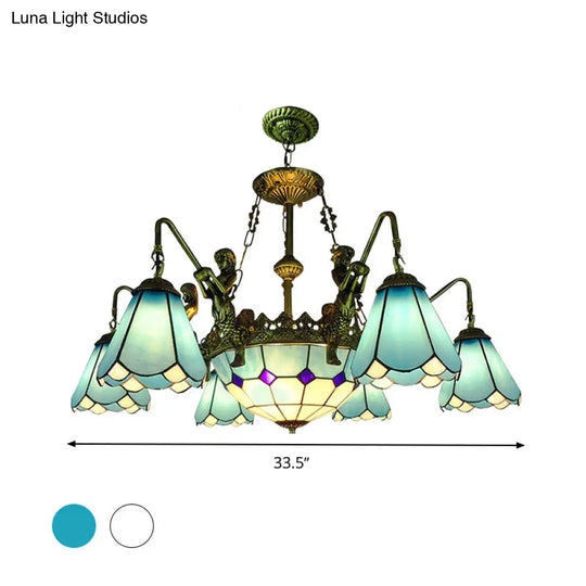 7/9-Light Living Room Chandelier Tiffany Bronze Pendant Fixture Cone Yellow/Blue Glass Shades