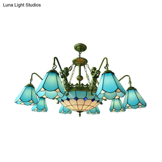 7/9-Light Living Room Chandelier Tiffany Bronze Pendant Fixture Cone Yellow/Blue Glass Shades